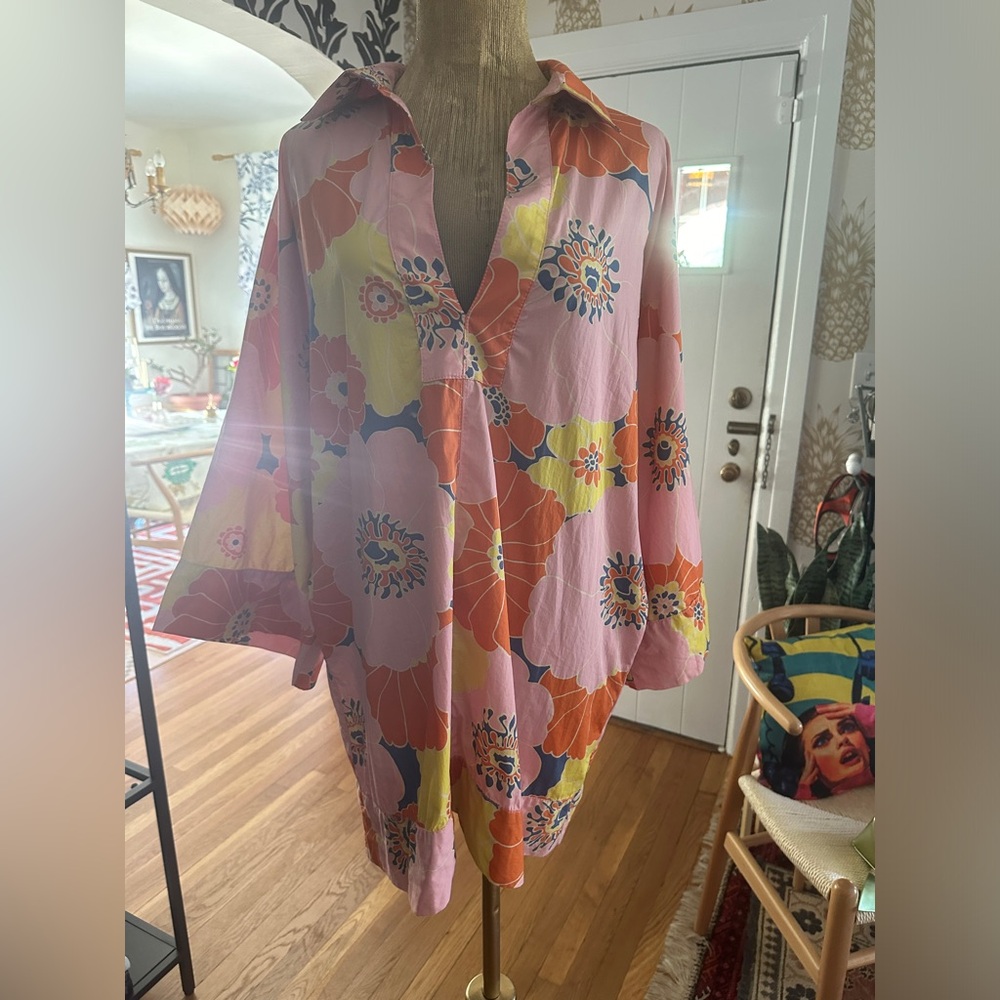 Zara Retro Pink Orange Yellow Floral Printed Oversized Tunic Size Small with hat - Picture 6 of 10